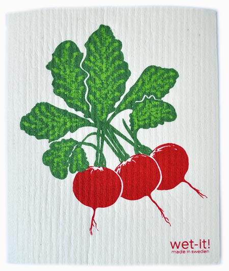 Image of a Swedish Dishcloth with beets printed on it, one of several eco friendly alternatives to sponges
