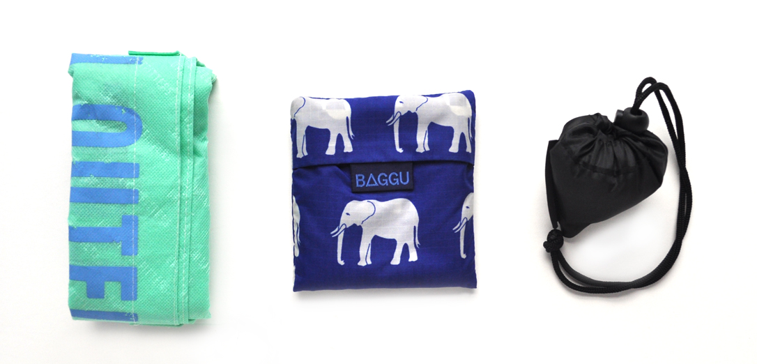 Image of three types of reusable bags: a green one, a blue one and a black one