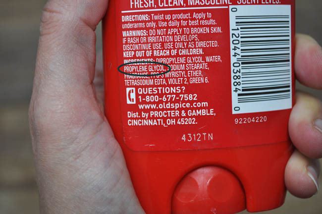 Image of the back of a deodorant stick, showing propylene glycol, one of the toxic ingredients listed on the label