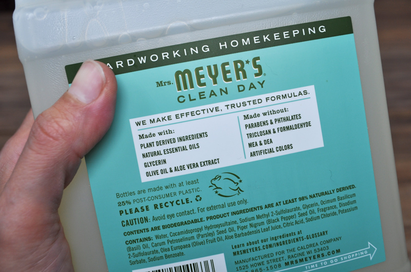 Image of the back label of a Mrs Meyers bottle of hand soap, which doesn't use toxic ingredients