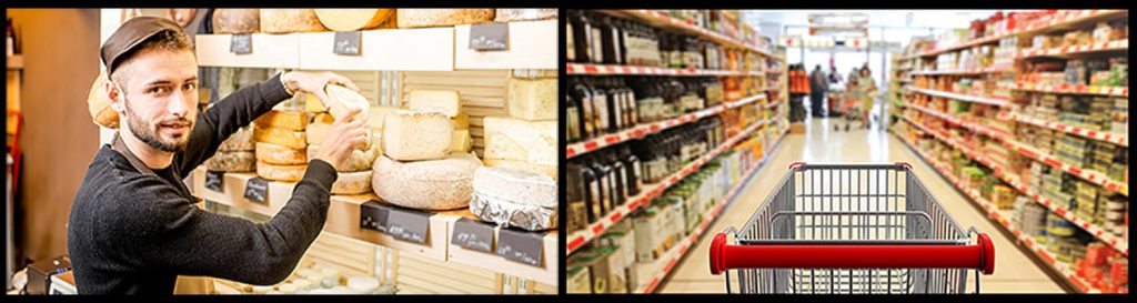 Two images: the first is of a shopkeeper in a artisanal cheese store. The second image is of a grocery cart in the aisle of a large grocery store