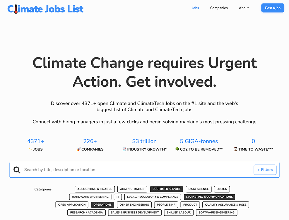 Screenshot of the Climate Job's List website