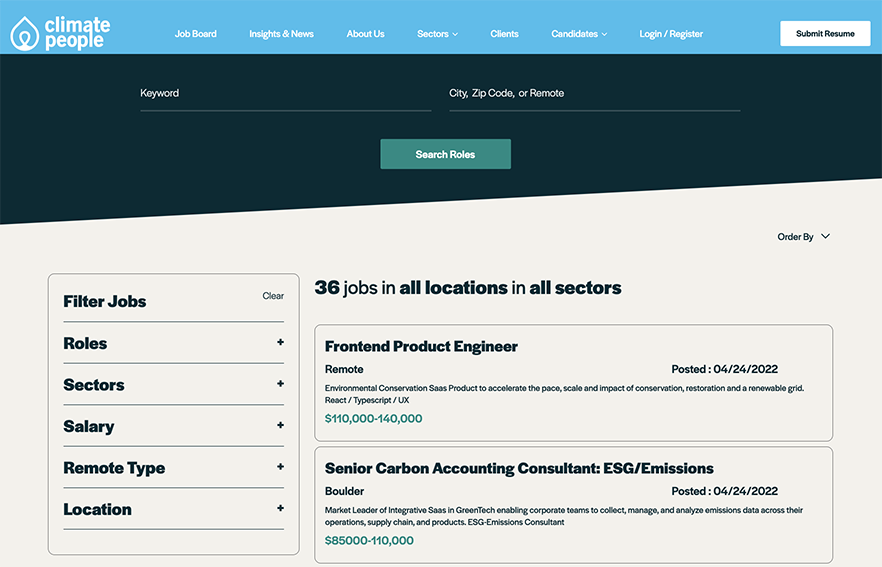 Screenshot of Climate People's Climate Job Search Site